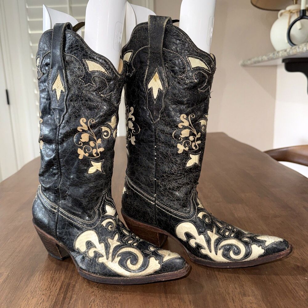 Corral Vintage Western Cowboy Boots Leather Lizard Inlay Snip Toe Embroidered 7M